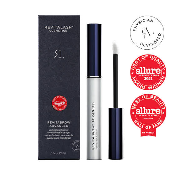 Revitalash Cosmetics Revitabrow Advanced with packaging and Allure awards on a white background