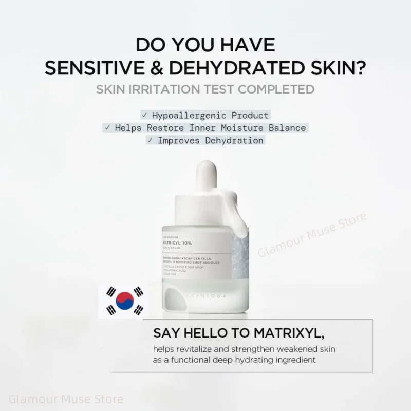 Product advertisement for Matrixyl with text about sensitive and dehydrated skin, and a visible brand logo.