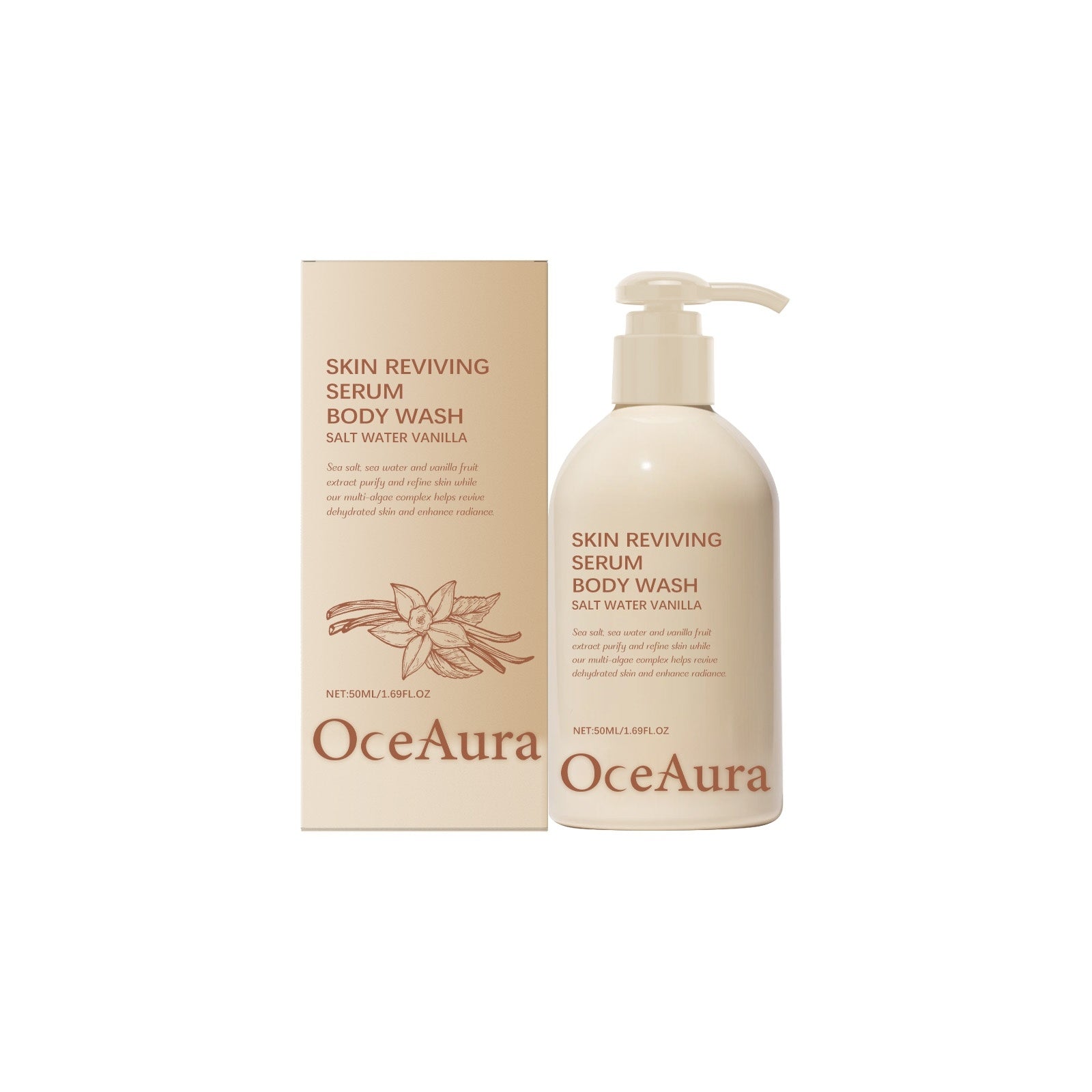 Skin reviving body wash serum infused with sea salt water and vanilla to smooth, hydrate, and refresh the skin