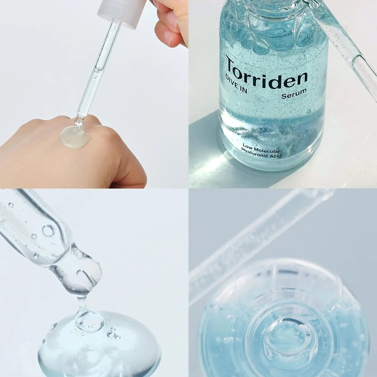 Torriden serum bottle with dropper and close-up of serum on a white background