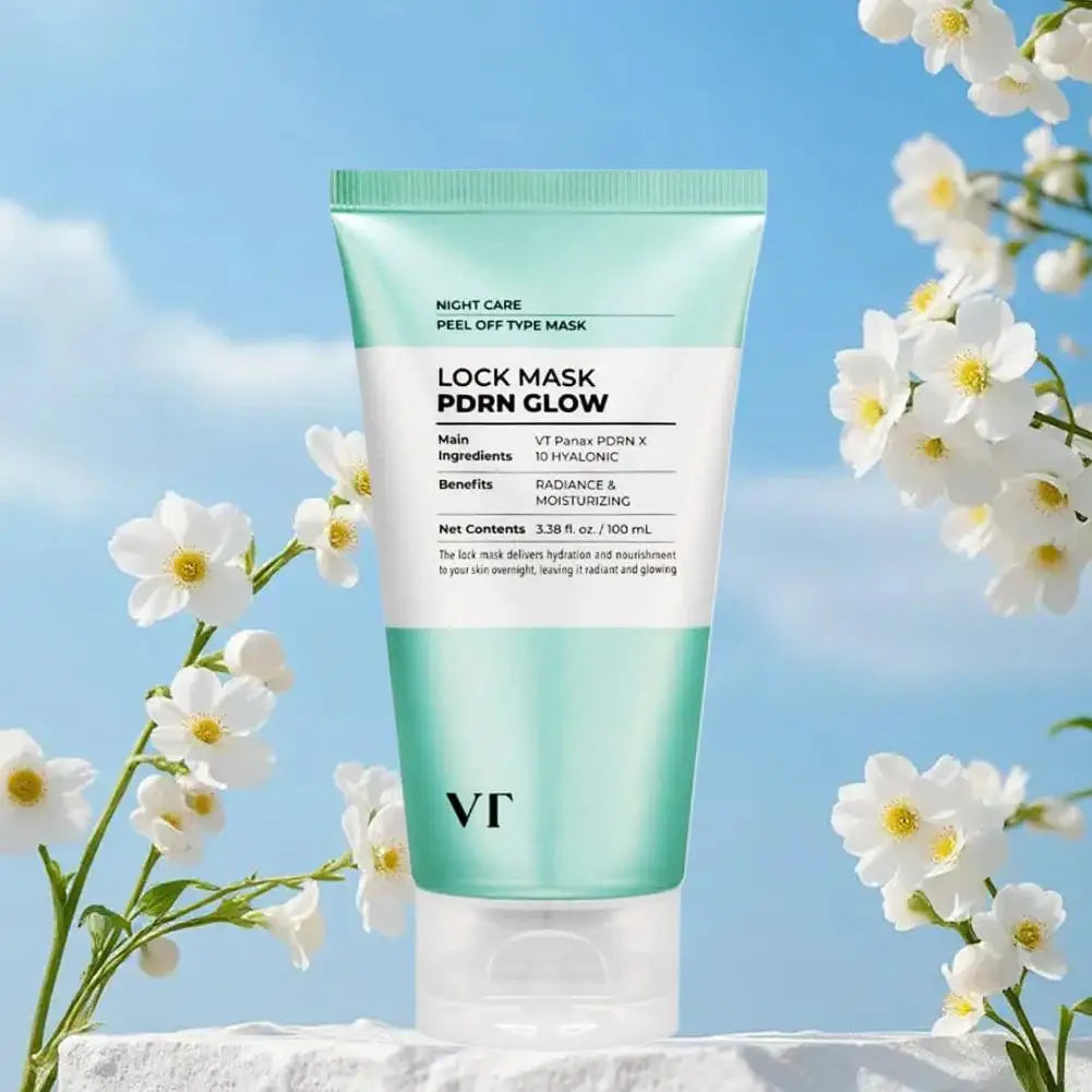 Skincare mask tube with flowers against a blue sky