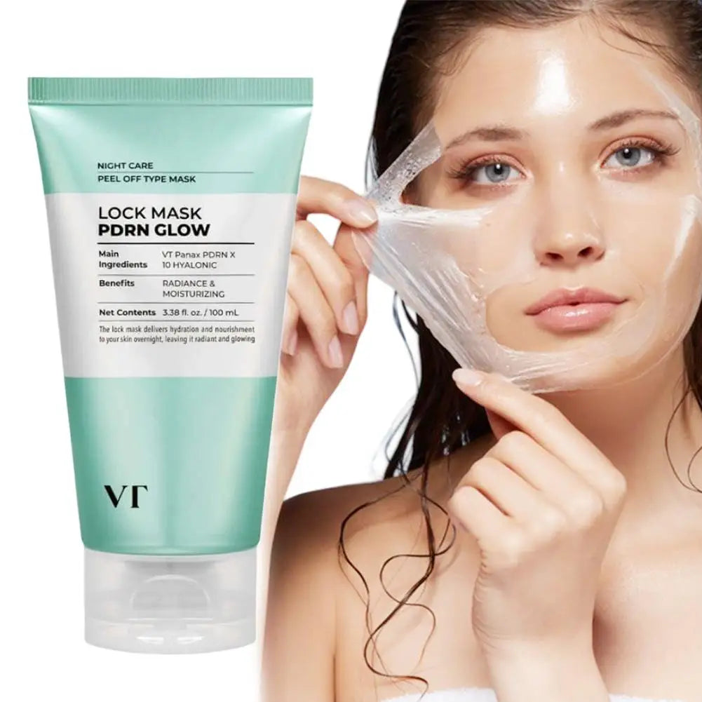 Woman applying a peel-off mask with VT Lock Mask PDRN Glow product on a white background